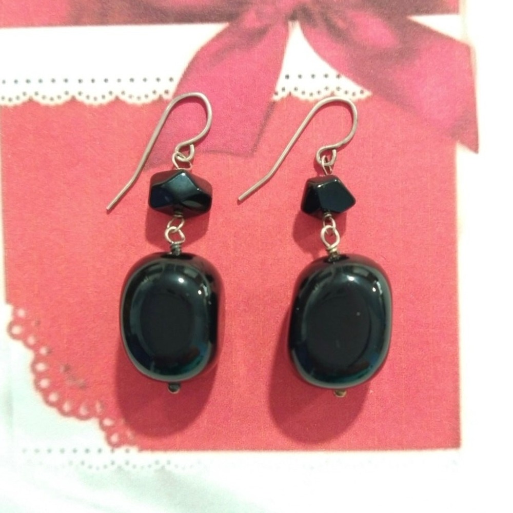 Vintage Black Onyx Bead Dangle Earrings Sterling Silver 925 Hook Designer Signed